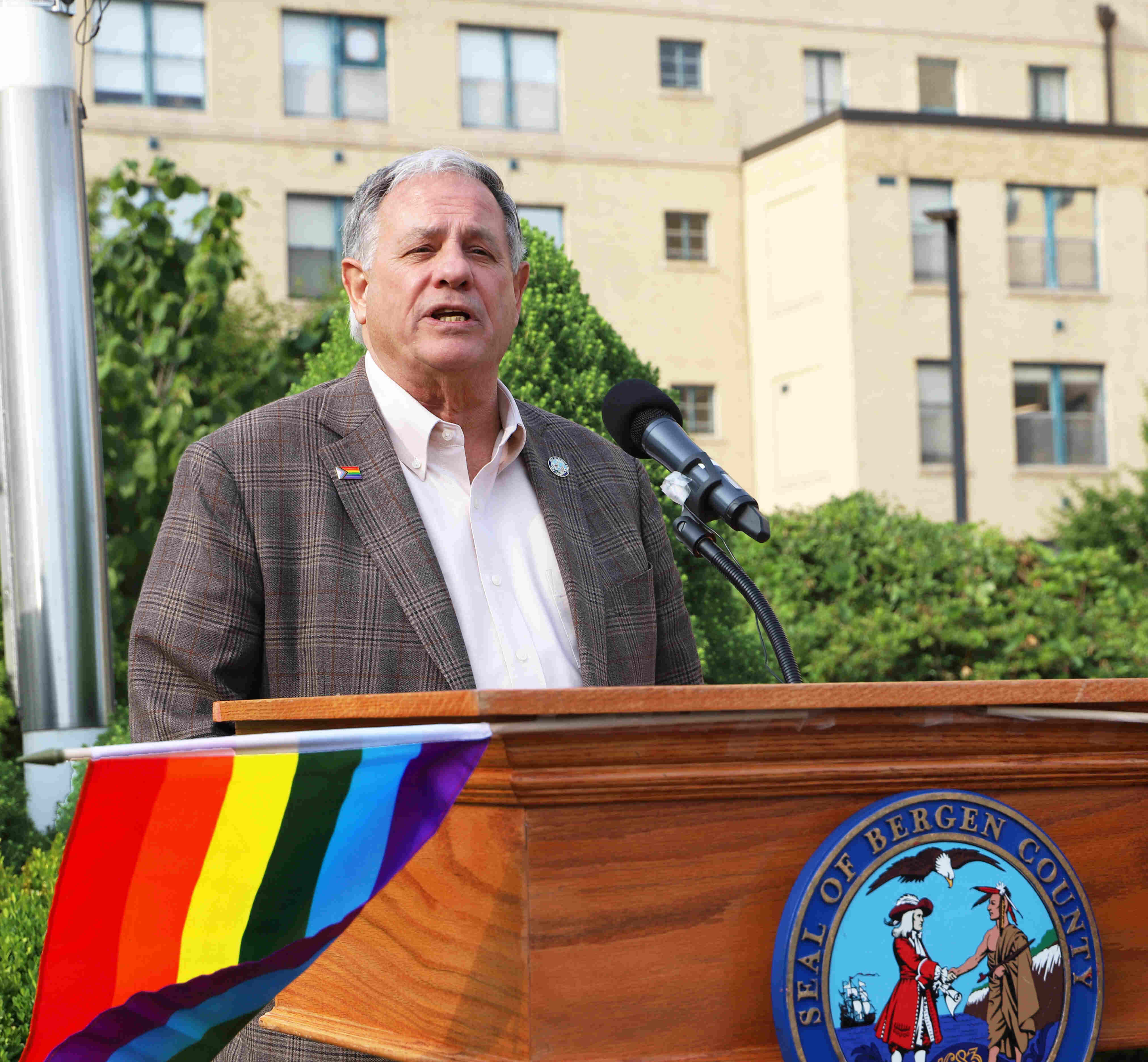 Bergen County Executive James J. Tedesco III delivers remarks to the audience at Bergen County’s Pride Flag Raising at Bergen New Bridge Medical Center.

        